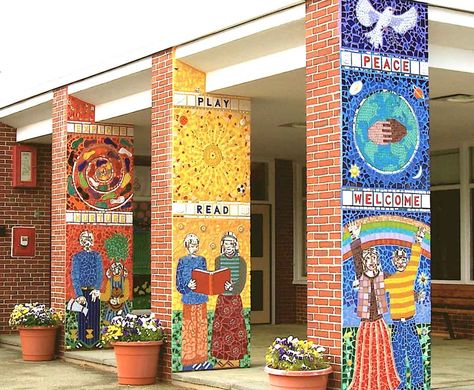 welcome mosaic at the entrance of a school School Mosaic Mural, Wayland Massachusetts, Colored Grout, Outdoor Mosaic, Mosaic Mural, Brick Columns, Legacy Projects, Mirror Handmade, Mural Artist