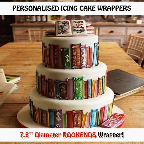 PERSONALISED EDIBLE Icing Cake Wrapper Toppers Round Bookends Books Book Shelf Super Torte, Tårta Design, Torte Creative, Book Cakes, Torte Cupcake, Book Cake, Tiered Cake, Gateaux Cake, Love Cake