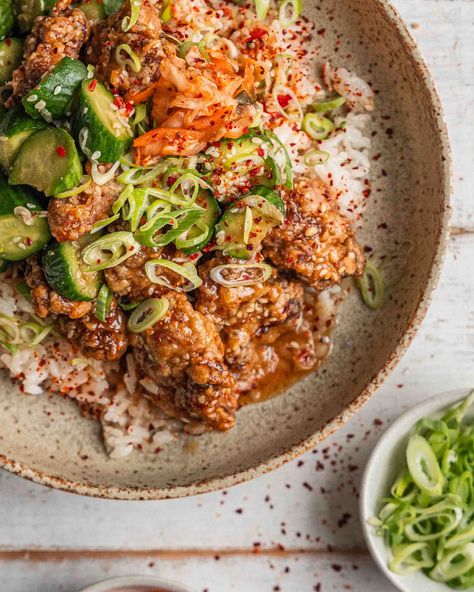 This recipe creates a delicious and satisfying Japanese-inspired bowl with crispy air fryer chicken karaage.