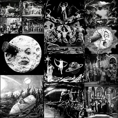 A Trip to the Moon 1902 Picture Collage A Trip To The Moon 1902, 1920s Horror Aesthetic, Moon Cinematography, A Trip To The Moon Tattoo, Moon Collage, A Trip To The Moon, Moon Movie, Animes Emo, George Melies