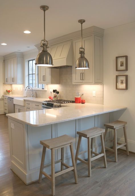 Summit Kitchen - Transitional - Kitchen - Other - by West End Cabinet Company LLC | Houzz Kitchen Peninsula Cabinet Ideas, Kitchen Peninsula Remodel Ideas, Kitchen With Peninsula Island, Transitional Kitchen Peninsula, Small Island Bench Kitchen, Seating At End Of Island, Kitchen Sink Peninsula, Kitchen Island Edges, Double Island Kitchen Layout Small