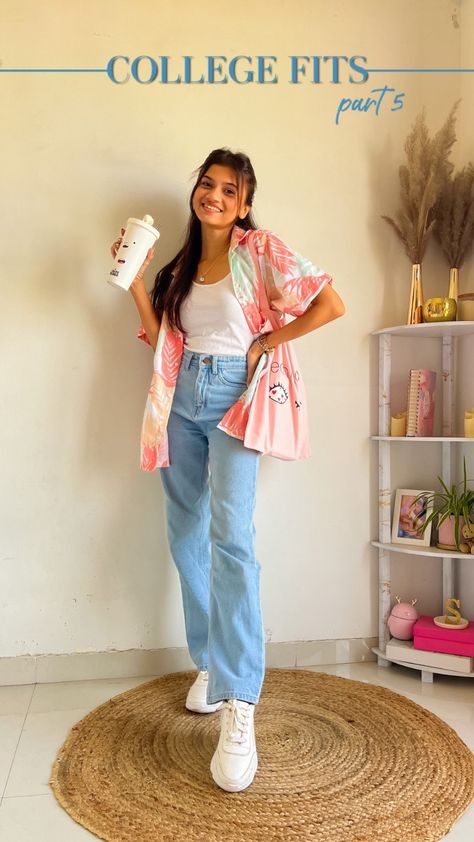 style_trails on Instagram: College Fits 5/7 💗 Rate the outfit for me ✨ Outfit Details: Night Suit : @duskattire Cammy : @myntra Shirt : Bandra Hill Road Jeans :… Outfit Inspo From Myntra, Indian College Outfits Casual Women, College Outfits From Myntra, Top And Jeans Outfit Indian, Aesthetic Outfits On Myntra, College Looks Outfit Indian, Outfit For Night Out Casual, Jeans With Tops Style, College Fits Summer India