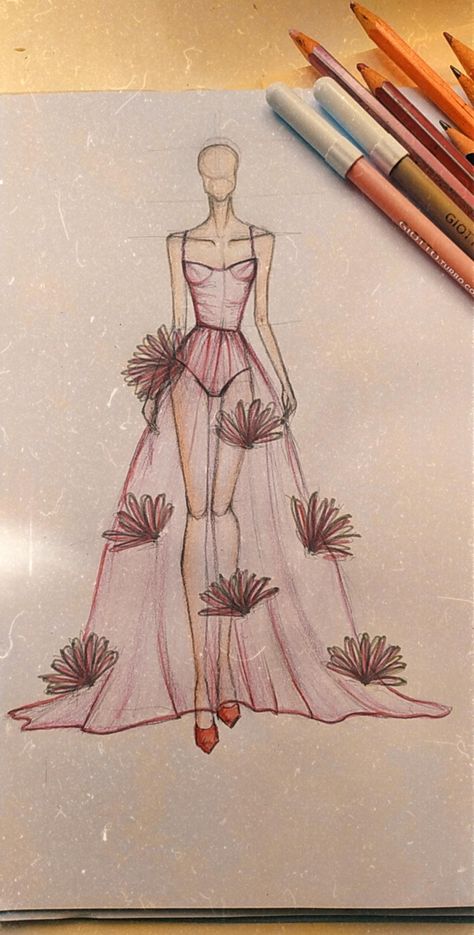 Model Dresses Drawing, Fashion Designer Aesthetics Sketch, Flower Dress Sketch, Flower Outfit Drawing, Model Design Fashion Drawing, Flower Dress Design Drawing, How To Draw A Model Fashion Sketches, Designer Dresses Drawing Sketch, Dress Design Drawing Sketches