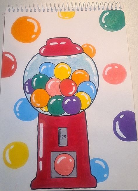 Bubblegum Machine Drawing, Bubble Gum Machine Drawing, Candy Painting Easy, Posca Markers Drawing Ideas Easy, Posca Art Easy, Gumball Machine Painting, Gumball Machine Drawing, Bubblegum Painting, Bubblegum Drawing