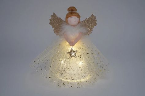 Light up Angel Christmas Tree Topper in Gold Includes | Etsy Gold And White Dress, Cone Design, Angel Christmas Tree, Angel Christmas Tree Topper, Sweet Decoration, Snow Fairy, Angel Tree Topper, Gold Blonde, Angel Decor