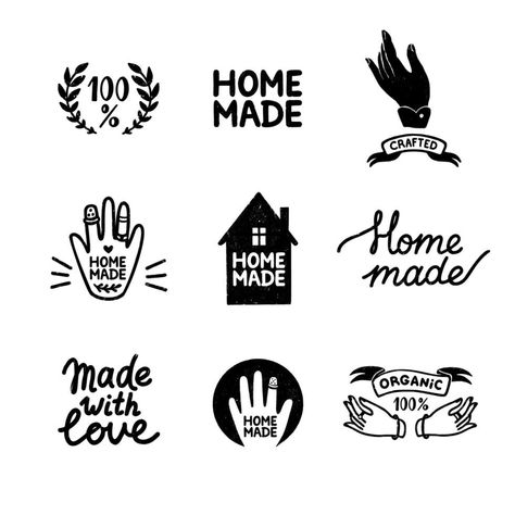 Homemade stamp logos set - vintage icons in stamp style, home made lettering with cute house and hands silhouettes. Vintage vector illustration for banner and label design. Homemade Stamps, Hand Silhouette, Vintage Icons, Cute House, Logo Set, Logo Banners, Cityscape Photos, Background Banner, Text Effects