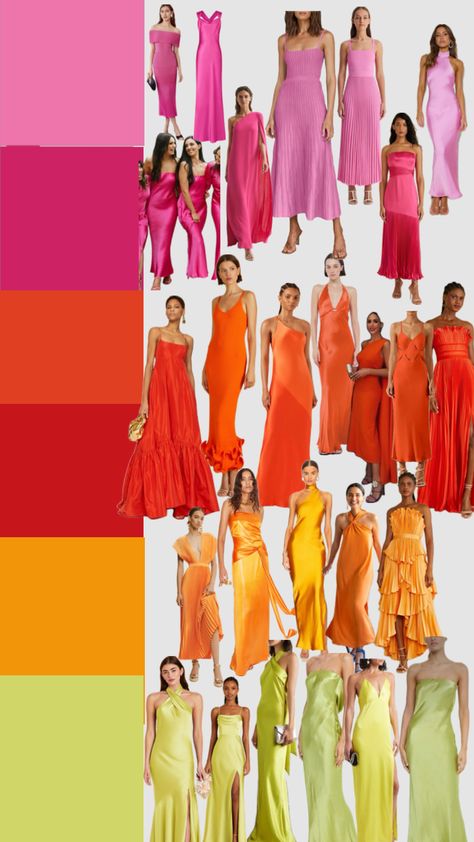 Created by carrotop1095 on Shuffles Sunset Wedding Colors, Bridesmaid Color Palette, Bridesmaid Dress Color Schemes, Cocktail Wedding Attire, Sunrise Wedding, Multicolor Wedding, Fashion Show Themes, Sunset Party, Black And White Wedding Theme