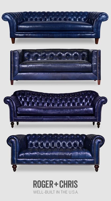 Blue leather sofas, blue leather Chesterfields, blue leather couches, blue leather furniture from Roger and Chris Blue leather sofas made in the U.S.A.Bench-made in North Carolina by skilled craftspeople. Custom-engineered frame built using blocks in all corners, double-dowel or mortise-and-tenon joinery, metal fasteners, and glue. Seat cushions made from multi-density foam core, wrapped in channel-stitched down. #rogerandchris Yacht House, Blue Leather Couch, Chesterfield Couch, Blue Leather Sofa, Chesterfield Furniture, Leather Couches, Best Leather Sofa, Chesterfield Sofas, Leather Chesterfield Sofa