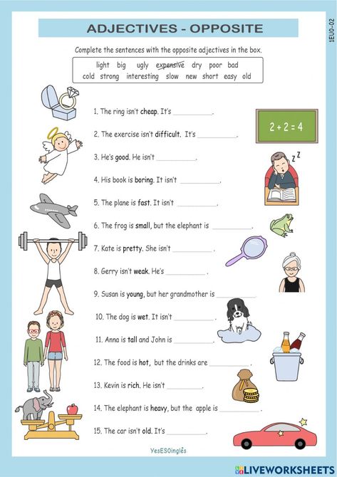 Opposite adjectives online worksheet for 1 ESO. You can do the exercises online or download the worksheet as pdf. As Adjective As Worksheet, Opposite Adjectives Worksheets, Opposite Word Worksheet, Opposite Words For Kids Worksheet, Opposites Worksheet Preschool, English Exercises Worksheets, Opposite Words Worksheet, Opposite Worksheet, Adjectives For Kids