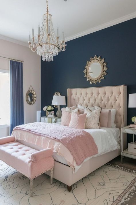 42+ Bedroom Color Scheme Ideas to Refresh Your Sanctuary - Blushiee Pink Kids Bedrooms, Light Pink Bedrooms, Blue And Pink Bedroom, Beautiful Bedroom Colors, Navy Bedrooms, Navy Blue Bedrooms, Pink Bedroom Design, Blue And White Rug, Pink Bedroom Ideas