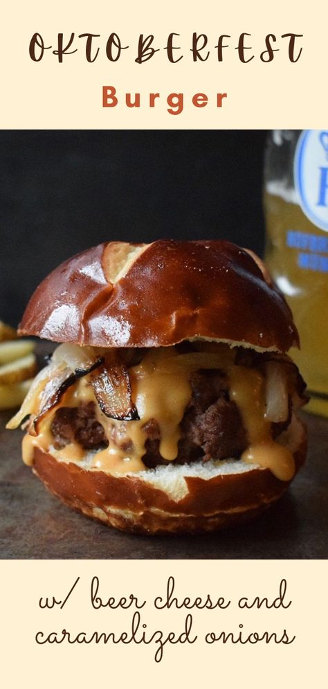 Even though Oktoberfest is canceled, you can still celebrate with delicious German food. Full of bratwurst, beer cheese, and soft pretzel goodness, these burgers are bound to make your taste buds go wild and take a trip to Germany. #kneadmorefood #oktoberfestrecipes #oktoberfest #oktoberfestfood #bratwurstburger #beercheese #oktoberfestburgerrecipes #oktoberfestmeals #beercheeserecipes #bratwurstburgerrecipes #burgerideas #fallrecipes #germanrecipes #germanmeals #beercheeseburgers #pretzelbuns Bratwurst Sandwich Recipes, German Burgers Recipes, German Sandwich Recipes, Fall Burger Recipes, German Oktoberfest Food, October Fest Recipes, October Fest Party Ideas Food, Fall Burgers, German Street Food