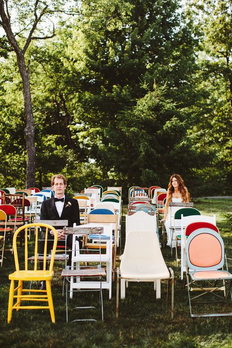 Mismatched chairs at the wedding ceremony for a quirky unique feel 🎶 #WeddingCeremony #WeddingInspiration #WeddingDetails #WeddingDecor #WeddingIdeas #WeddingDay #Weddings Outdoor Wedding Seating, Meghan Patrick, Wes Anderson Wedding, Wedding Ceremony Seating, Mismatched Chairs, Mountain Top Wedding, Ceremony Chairs, Smallest Wedding Venue, Arch Decoration Wedding