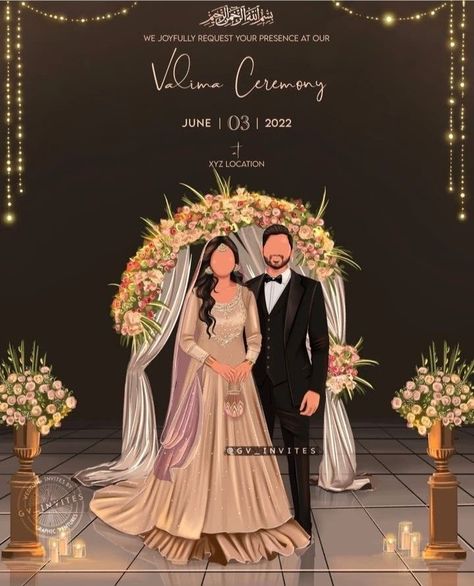 Wedding Ceremony Template, Pakistani Wedding Cards, Ceremony Template, Wedding Cards Images, Caricature Wedding Invitations, Wedding Illustration Card, Wedding Invitation Posters, Couple Illustration Wedding, Bride And Groom Cartoon