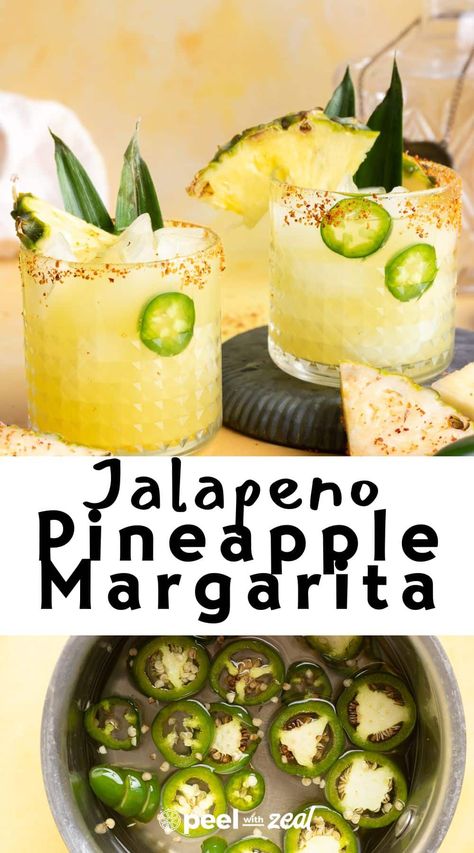 The most unique of all margarita recipes! Sweet pineapple margarita plus a spicy margarita (thanks to jalapeno simple syrup) and this Cinco de Mayo drink comes alive. Easily make a pitcher recipe. Pineapple Jalapeno Margarita, Pineapple Margarita Recipe, Spicy Margarita Recipe, Easy Margarita Recipe, Mezcal Margarita, Mexican Cocktails, Spring Cocktails Recipes, Easy Margarita, Pineapple Margarita