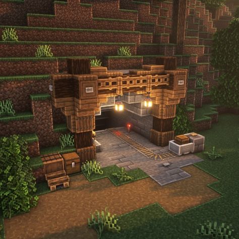 Minecraft Mine Entrance Design EASY in Survival Medieval Minecraft Mine Entrance, Base Ideas Minecraft Survival, Mineshaft Entrance Minecraft Ideas, Minecraft Crop Storage, Minecraft Building Ideas Entrance, Mining In Minecraft, Minecraft Building Ideas Mine Entrance, Cottagecore Minecraft Mine Entrance, Aesthetic Minecraft Mine Entrance