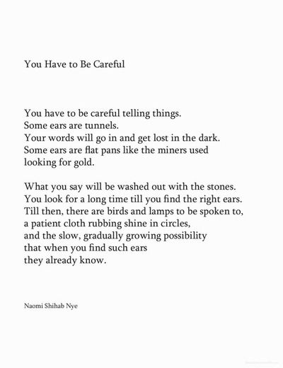 Naomi Shihab Nye - You Have to Be Careful Naomi Shihab Nye, Waxing Poetic, The Poem, Poetry Words, Writing Poetry, Poem Quotes, A Poem, Spoken Word, Be Careful