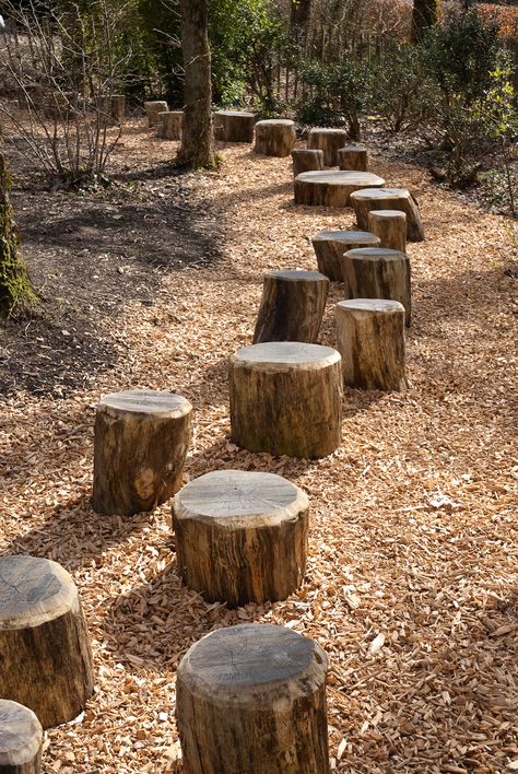 Log stepping stones Stepping Logs Garden, Log Stepping Stones, Log Playground, Wooden Stepping Stones, Log Steps, Natural Outdoor Playground, Natural Playscapes, Natural Play Spaces, Kid Friendly Backyard