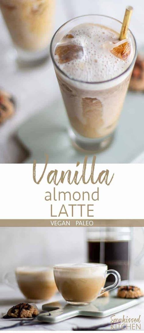 Vanilla Almond Latte / This healthy paleo and vegan latte starts with a homemade vanilla almond milk creamer. Enjoy hot, or as an iced almond latte. | SUNKISSEDKITCHEN.COM | #almondmilk #latte #recipe #vanilla #paleo #vegan Paleo Latte Recipes, Smoothie Almond Milk, Almond Milk Creamer, Homemade Granola Bars Healthy, Vegan Latte, Cafe Drinks, Almond Milk Latte, Almond Latte, Homemade Granola Healthy