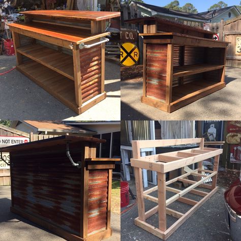 Recent Bar or Checkout counter I made using recycled pallets, old rusty tin and heart pine How To Build A Checkout Counter, Diy Checkout Counter, Rustic Bar Counter, Checkout Counter Ideas, Outdoor Bar Counter, Counter Shop, Rustic Basement Bar, Home Bar Plans, Checkout Counter