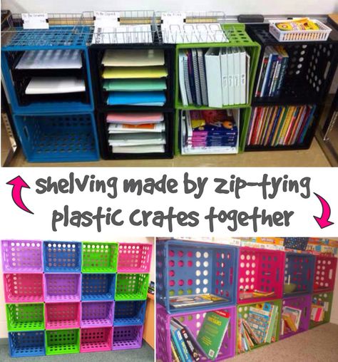 ('Shelving Made by Zip-Tying Plastic Crates Together...!') Plastic Crates Ideas Diy Shelves, Milk Crate Bookshelf, Plastic Crate Shelves, Crates For Shelves, Crate Shelves Kids, Bookshelf Classroom, Milk Crate Shelves, Milk Crates Diy, Milk Crate Furniture