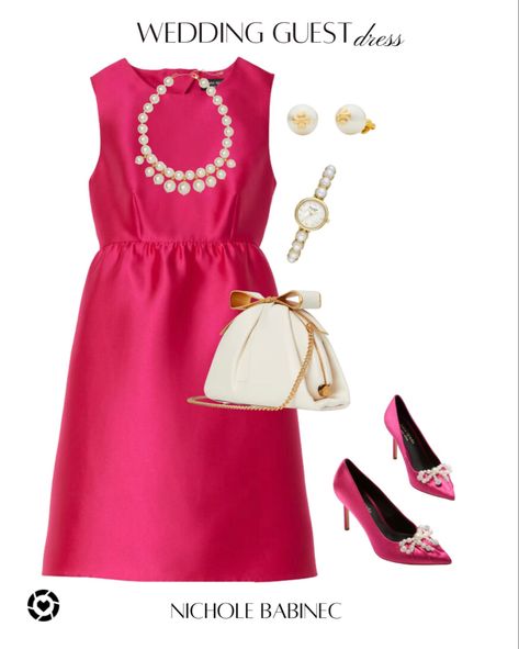 Preppy Cocktail Dress, Cream Clutch, Ivory Clutch, Hot Pink Cocktail Dress, Classic Summer Outfits, Wedding Getaway, Cocktail Dress Pink, Pearl Watch, Preppy Wedding