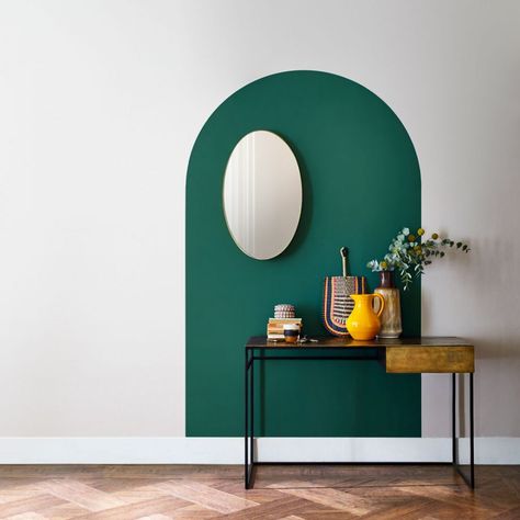 Green Painted Arch Wall, Paint Around Mirror On Wall, Painted Section Of Wall, Hallway Statement Wall, Partly Painted Wall, Studio Wall Painting Ideas, Green Arch Painted On Wall, Arched Wall Paint, How To Paint Arch On Wall