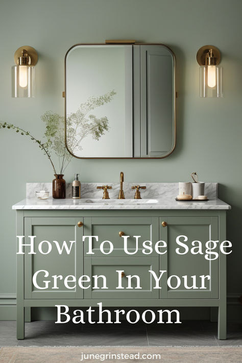 Sage Green Bathroom, Gold Bathroom Wall Lights, Sage Green Bathroom Cabinets, Green Cabinet with marble counter top, gold faucets, gold rim mirror Bathroom Decor Green Vanity, Bathroom With Light Green Vanity, Green Bathroom Diy, Olive Green Vanity Bathroom Ideas, Modern Sage Bathroom, Sage Green White And Gold Bathroom, Bathroom With Sage Green Cabinets, Sage Green Bathroom With Gold Accents, Olive Bathroom Vanity