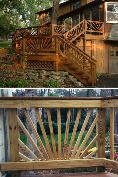 Sunburst/crisscross porch railing Deck Stair Railing Ideas Wood, Porch Horizontal Railing Ideas, Ideas For Porch Railing, Beach House Railing, Front Porch Railing Ideas Craftsman, Porch Rails Ideas Farmhouse, Decorative Deck Railing Ideas, Vintage Porch Railing Ideas, Bridge Railing Ideas