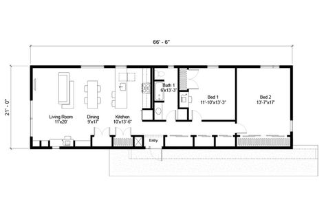 Rectangle House Plans, Small Apartment Layout, 2 Bedroom Floor Plans, Cabin Plan, Small House Living, Narrow House Plans, Open House Plans, 2 Bedroom House Plans, Long House