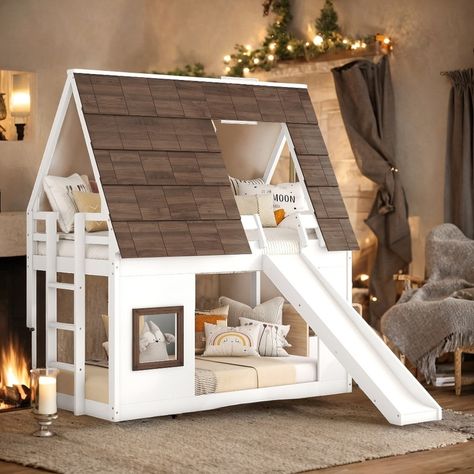 House-shaped Design Twin Size Wood Bunk Bed with Roof, Ladder and Slide, Sturdy Construction and Safety Guaranteed, White&Brown - Bed Bath & Beyond - 39700054 House Bunk Bed, Bunk Bed With Slide, Roof Ladder, Brown Roof, Wood Bunk Beds, Bed With Slide, Twin Bunk Beds, House Beds, Toddler Furniture