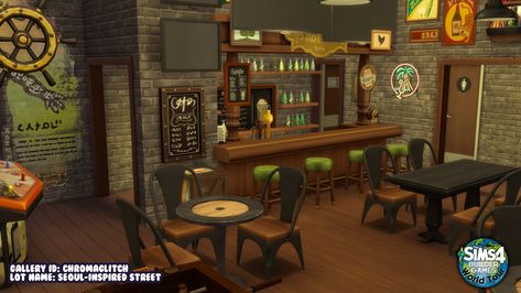 PUB-STYLE SPORTS BAR Interior of one of the many restaurants I built during Seoul week of the Builder Games. So many pictures from this one build alone lol. ____ Tags: #thesims4 #thesims4build #ts4 #ts4build #sims4builds #simstagrammer #ShowUsYourBuilds #sims4 Sims 4 Bar Ideas Base Game, Sims 4 Bar Layout, Bar Ideas Sims 4, Sims 4 Bar Interior, Sims Bar, Sports Bar Interior, Sims 4 Community Lots Base Game, Sims 4 Lots Base Game, Sims 4 Bar