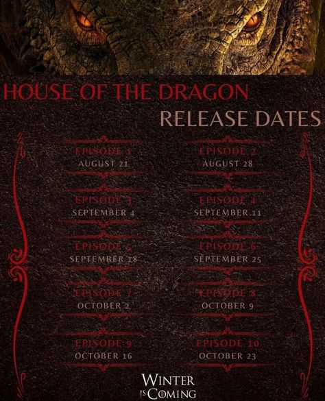 6 September, 16 October, House Of The Dragon, August 28, House Of Dragons, A Song Of Ice And Fire, Winter Is Coming, The Dragon, Release Date