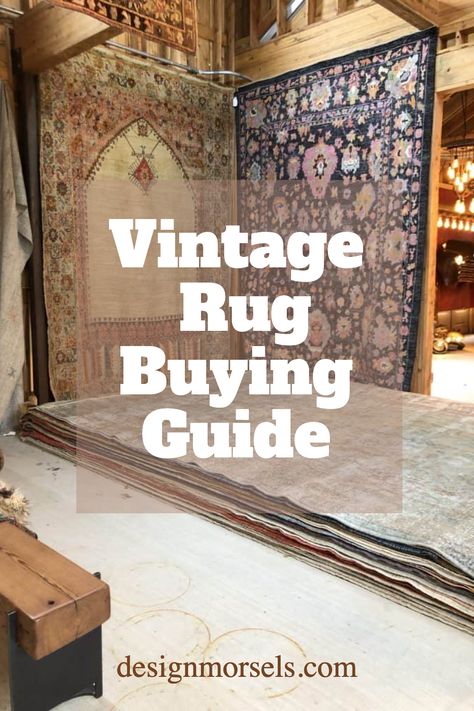 vintage rug with text overlay vintage rug buying guide Vintage Inspired Rugs, Rug Buying Guide, Diy Office, Home Carpet, Diy House Projects, Vintage Inspiration, Flea Market Finds, Buy Rugs, Kitchen On A Budget