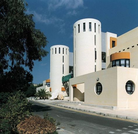 University of Malta extension, Malta, 1991. Pastel, 1990s House, 3 Storey House, Post Modern Architecture, 3 Storey House Design, 90s Aesthetics, Round Building, Memphis Milano, Modern Architecture House