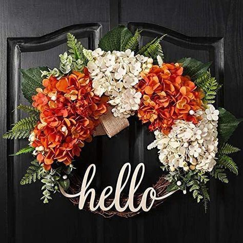 Red Hydrangea Wreath, Outdoor Fall Wreaths, Autumn Front Door, Fall Floral Decor, Fall Hydrangea, Harvest Wreath, Door Wreaths Fall, Hydrangea Wreath, Wreath Farmhouse