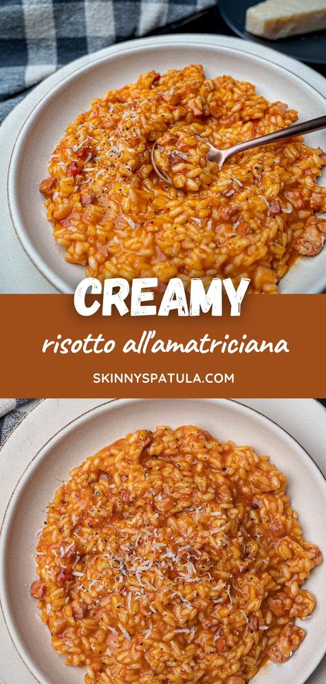 Inspired by the pasta with the same name, Risotto All’Amatriciana is a creamy tomato risotto with guanciale or pancetta that’s like a symphony for the taste buds. It’s also a quick and easy recipe that’s guaranteed to become a family favourite. Spicy Risotto Recipes, Guanciale Recipes, Risotto Pancetta, Pancetta Risotto, Tomato Risotto Recipes, Bacon Risotto, Risotto Recipes Easy, Pancetta Recipes, Pancetta Pasta