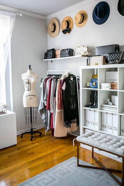 DIY Walk In Closet – How To Turn Spare Room Into Closet Open Wardrobes, Convert Spare Room To Closet, Room Converted To Closet Walk In, Office And Vanity Room Combo, Turn Room Into Walk In Closet, Room Into Walk In Closet, Feminine Rug, Makeshift Closet, Spare Room Closet