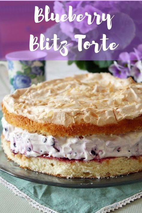 Blueberry Blitz Torte | German Blueberry & Cream Meringue Cake | Vanilla scented whipped cream studded with wild blueberries, sandwiched between layers of almond meringue-topped yellow cake! This Canadian spin on the German Blitz-Torte is one of my favourite bakes for spring and summer. #germancakes #germanrecipes #cake #meringue #almond #blueberries #creamcheese #summerrecipes #desserttable #blueberrycheesecake #cinnamonandcoriander Blueberry Blitz, Cake With Blueberry Filling, Blitz Torte, Decadent Recipes, Almond Meringue, Blueberry Filling, Berry Recipes, Meringue Cake, Cake Vanilla