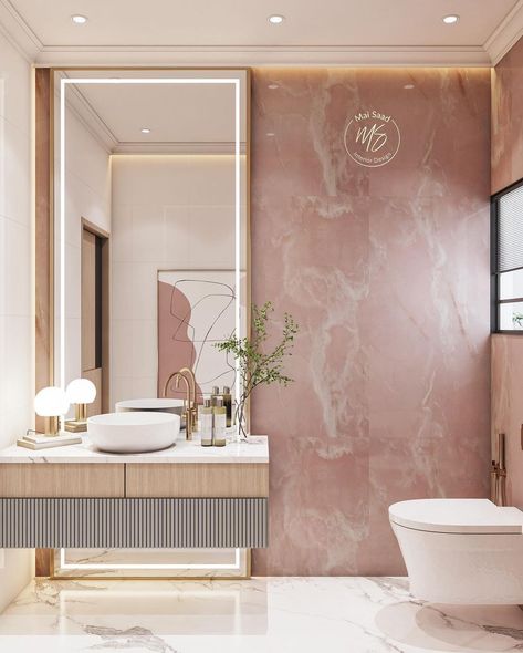 Mai Saad | Interior Designer in Egypt no Instagram: “A calm feminine aura of pink shades combined with the comfort of wood color✨ The perfect choice for a baby girl’s bathroom, don’t you…” Feminine Bathroom, Feminine Aura, Restroom Design, Baby Bathroom, Marble Bath, Flat Interior, Pink Shades, Kids' Bathroom, Wood Color