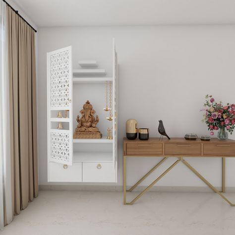 Frosty White Wall-Mounted Mandir Design | Livspace Mandir With Window Behind, Simple Mandir Design, Minimal Small Bedroom, Room Mandir Design, Modern Mandir Design, Pooja Room Interior, Modern Mandir, Pooja Room Door, Pooja Unit