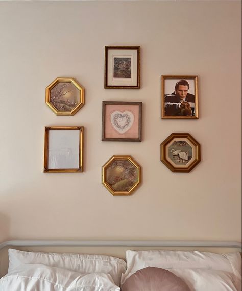 Coquette Room Aesthetic Wall, Vintage Bedroom Art, Thrifted Dorm Decor, Gold Collage Wall, Feminine Gallery Wall, Picture Frames On The Wall Aesthetic, Coquette Collage Wall, Framed Collage Wall, Coquette Gallery Wall