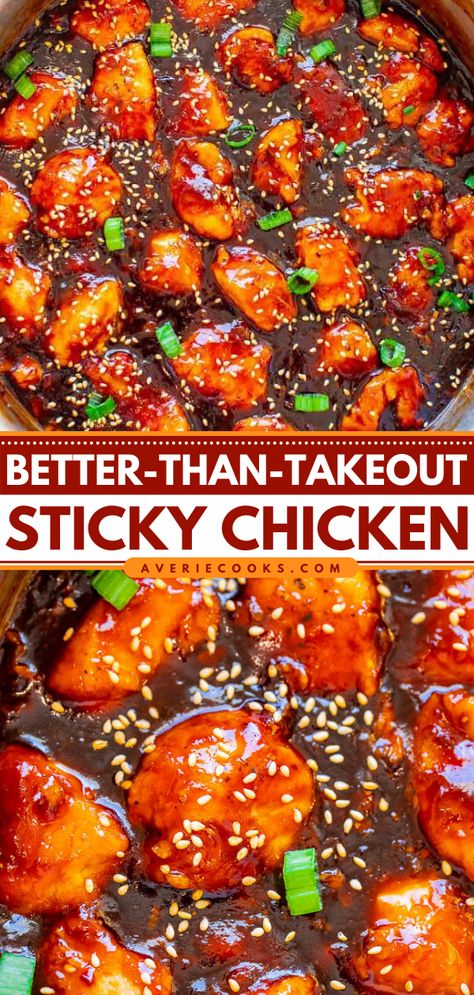 Asian Sticky Chicken, Sticky Chicken Recipe, Healthy Sesame Chicken, Healthy Orange Chicken, Sticky Sauce, Baked Teriyaki Chicken, Asian Chicken Recipes, Averie Cooks, Better Than Takeout