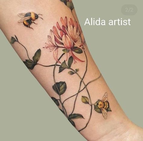 Lacy Arm Tattoo, Bee Tattoos With Flowers, Flower With Bee Tattoo, Flowers And Bees Tattoo, Honey Suckle Tattoo Simple, Flower Bee Tattoo, Feminine Tattoo Sleeves Flowers, Wild Flower Tattoo Sleeve, Bee Sleeve Tattoo