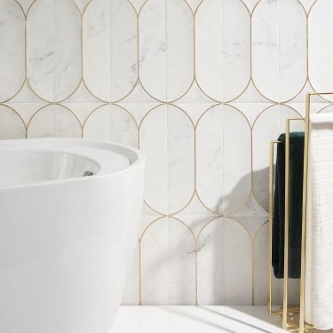 Bathroom Tile Height, Tile Wall Around Free Standing Tub, Marble And Wood Tile Bathroom, Tile Behind Mirrors In Bathroom, Modern Bathroom With Alcove Tub, Arched Backsplash Bathroom, Patterned Tile Master Bath, Bathroom Tile Moroccan, Gold Grout Tile