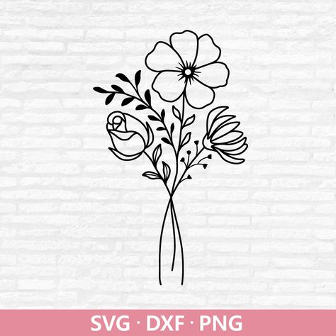 Flowers With Stems Drawing, Simple Svg Designs, Cute Flower Clipart, Wildflower Template, Flower Bouquet Svg, Flower Bouquet Drawing, Wildflower Svg, Svg Flowers, Clip Art Frames Borders