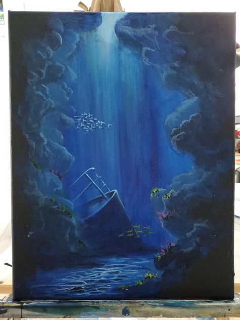 Underwater blue 2 Acrylic on Canvas by Pamela Faber-greaves, 11 X 14 Nautical, Ocean Floor, Shipwreck, Deep Water Grotto - Etsy Canada Under The Sea Oil Painting, Ship Wreck Painting, Deep Water Drawing, Deep Sea Painting Acrylic, Underwater Painting Ideas, Underwater Canvas Painting, Ocean Floor Painting, Deep Ocean Painting, Dark Ocean Painting