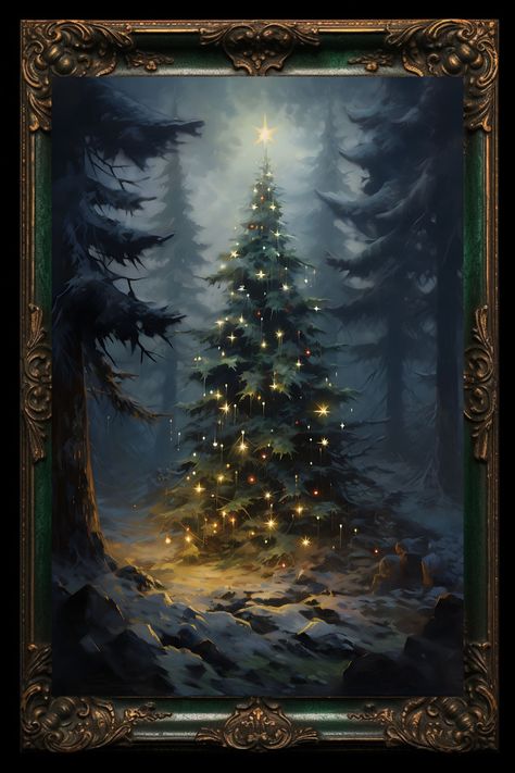 ✨ Description: Step into a winter wonderland with our captivating art print, "Enchanted Forest Yuletide." This exquisite piece brings the charm of Old World Christmas to life, featuring a magnificent tree adorned with timeless ornaments in the heart of a magical woodland. As the snowflakes gently kiss the forest floor, this artwork captures the essence of tradition and woodland whimsy, inviting you into a world where holiday magic dances among the trees. Let this art print grace your home, infusing your space with the enchantment of a Yuletide celebration straight out of a storybook. 🌲 Artistic Splendor: Meticulously crafted by our skilled artist, this Old World Yuletide Christmas Tree art print exemplifies artistic splendor. Every intricate detail, from the delicate baubles to the snow-d Yule Painting Ideas, Pagan Christmas Art, New Year Tree Drawing, Forest Christmas Aesthetic, Christmas Tree Oil Painting, Old World Christmas Decor Ideas, Magical Christmas Tree, Winter Woodland Christmas Decor, Christmas Tree Painting Canvases