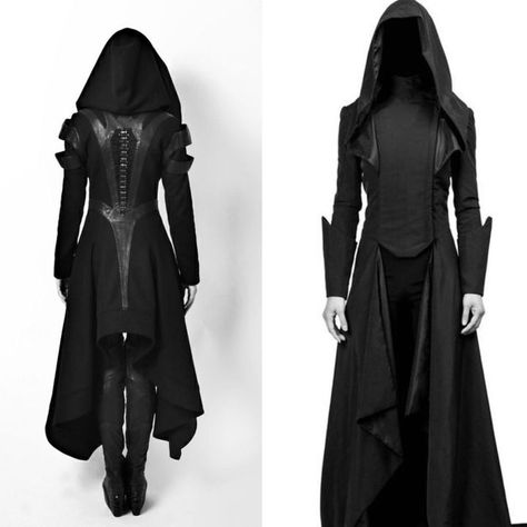 Assassin Cloak Female, Reaper Inspired Outfit, Black Warrior Outfits Female, Assassin Clothing Female, Black Fantasy Clothes, Fantasy Gothic Outfit, Female Villain Aesthetic Outfit, Assassins Clothing, Black Cloak Outfit