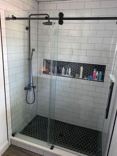 Standup Shower Remodel, Tile Niche, Vine Ideas, Bathroom Finds, Bathroom Downstairs, Black And White Tile, Tub To Shower Conversion, Guest Bathroom Remodel, Full Bathroom Remodel