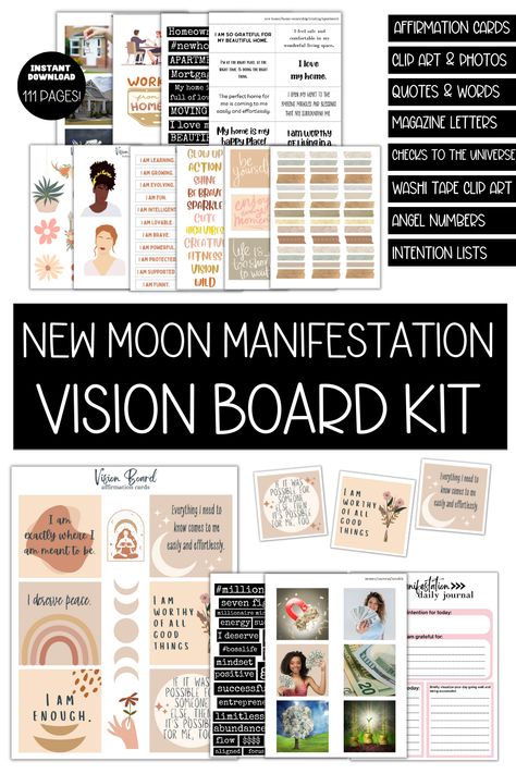 Introducing the "Ultimate New Moon Manifestation Vision Board Kit" - your key to manifesting your goals with the power of the new moon. This comprehensive kit includes 111 pages filled with a treasure trove of photos, quotes, manifestation checks, and more. Say goodbye to sifting through expensive magazines; with this effortless option, you can easily find the perfect elements to design a powerful vision board. Moon Vision Board, Ritual Journal, New Moon Manifestation, Libra New Moon, Manifestation Checks, Moon Manifestation, New Moon Ritual, Vision Board Kit, Moon Ritual